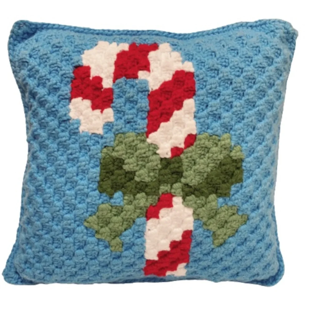 CottageCore Granny Square Candy Cane Crochet Christmas Throw Pillow 12”X12”
